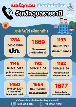 ประชาสัมพันธ์เบอร์ติดต่อฉุกเฉิน ช่วงสถานการณ์ปีใหม่ 2568 จังหวัดอุบลราชธานี องค์การบริหารส่วนตำบลยางใหญ่ อำเภอน้ำยืน จังหวัดอุบลราชธานี