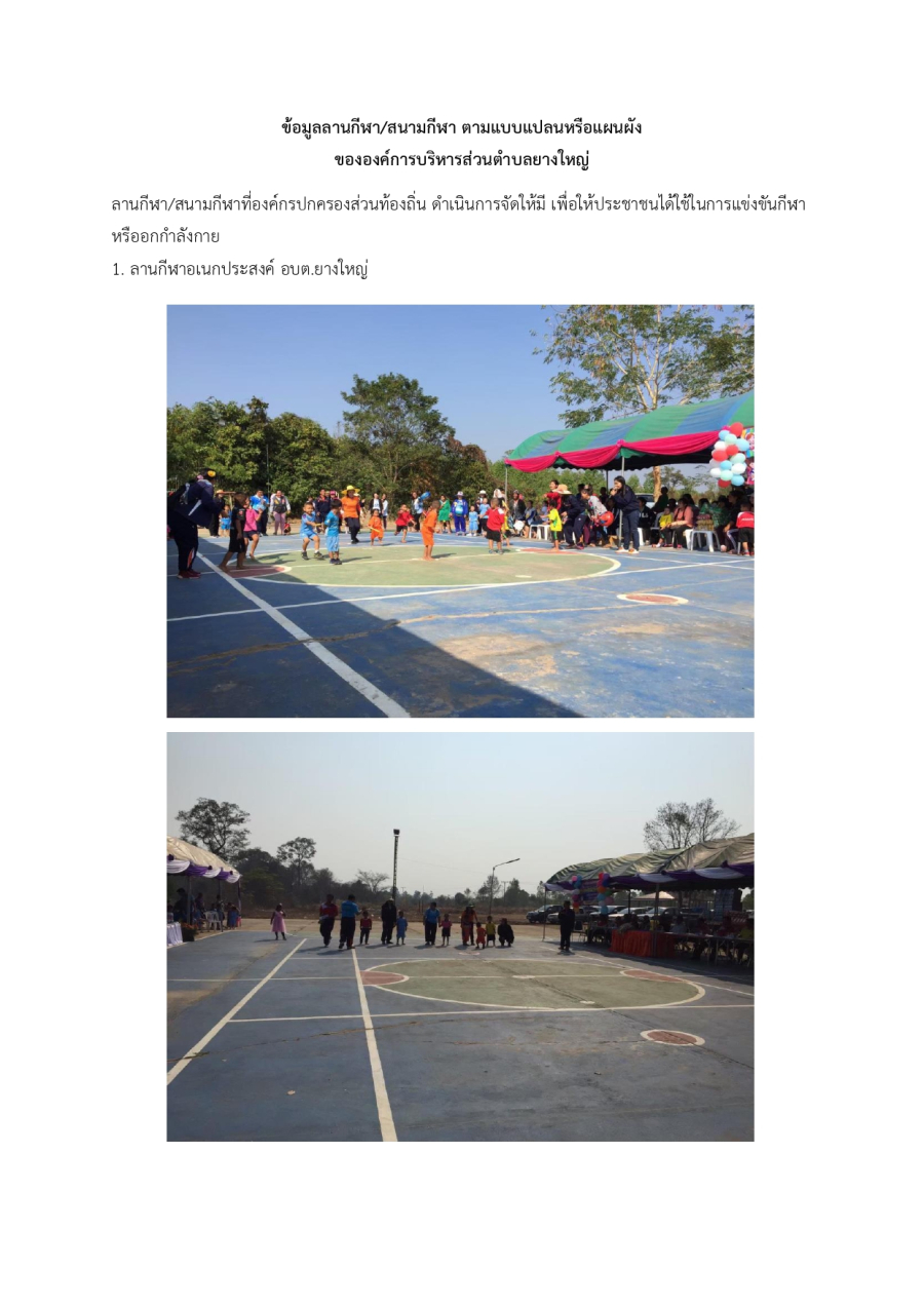 ประชาสัมพันธ์การใช้สนามกีฬาของแต่ละหมู่บ้านในเขตตำบลยางใหญ่ และสนามกีฬาขององค์การบริหารส่วนตำบลยางใหญ่